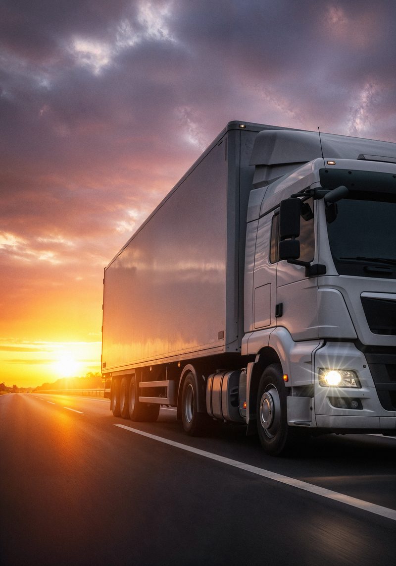 Laju delivery truck on the highway at dusk